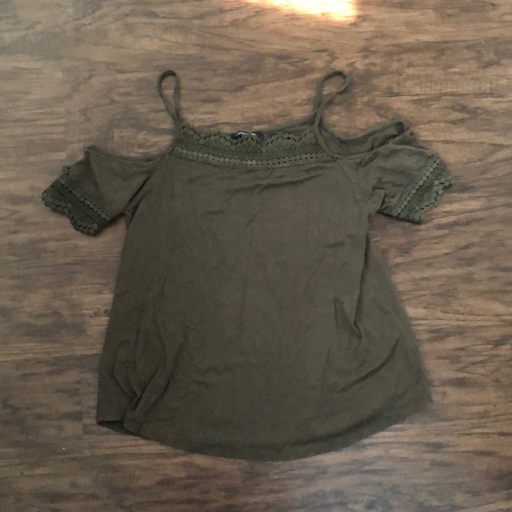 Dark Green Cut out shoulder top with lace detailing, size M